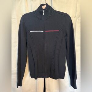 Black Zip-Up Sweater with Red and White Accents